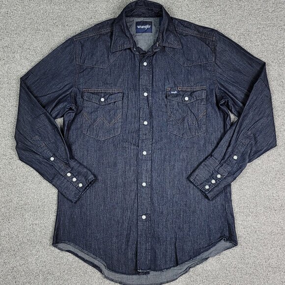 VTG Wrangler Dark Wash Denim Pearl Snap Shirt Men's Medium Western Long Sleeve - Picture 3 of 8